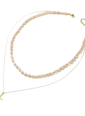 钛钢十字架双层镀金天然淡水珍珠