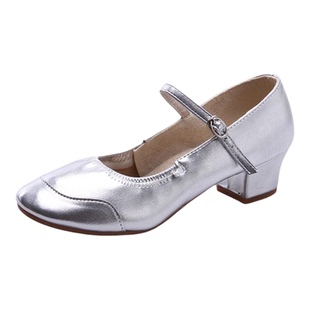 四季广场舞鞋真皮中跟银色舞蹈鞋女成人软底儿童中老年演出跳舞鞋