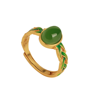 天然和田玉碧玉蛋面纯银珐琅竹叶戒指女金镶玉宝石绿色玉石金包银
