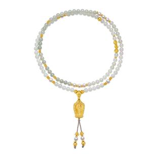 周大生腕美如意普陀系列黄金和田玉手串女款足金珍珠莲花青玉手链