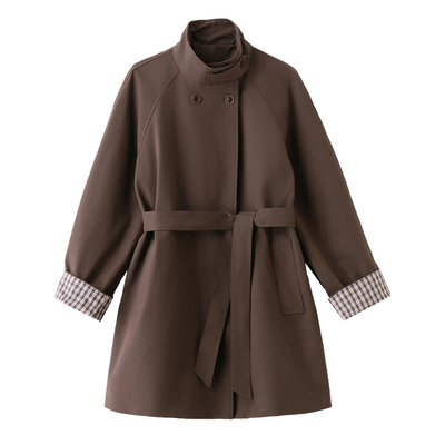 简约中长款立领风衣外套束腰大码