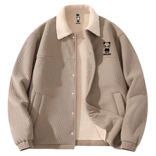 Hipanda你好熊猫加绒灯芯绒外套男翻领可立领宽松夹克2025冬潮牌