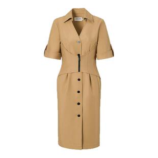 LEDIM WANG卡其色V领连衣裙女款X形结构腰封小众设计高级感衬衣裙