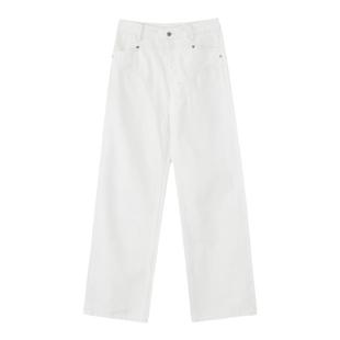 SMIIILE秋冬红边赤耳白色直筒牛仔裤宽松阔腿裤女中低腰长裤子