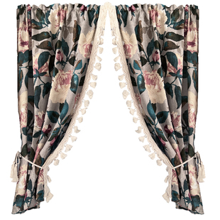 乡村复古玛丽皇后墨绿花卉玫瑰窗帘门帘半帘穿杆挂钩魔术贴定