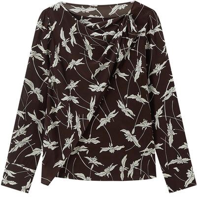 COMME MOI吕燕设计师春夏女装复古印花一字领真丝衬衫