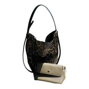 幸运商店休闲百搭豹纹单肩水桶包质感毛呢托特包通勤女包多种背法