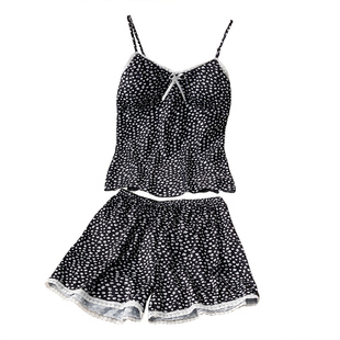 圆点睡衣女夏天性感冰丝薄款吊带短裤两件套纯欲风露背带胸垫套装