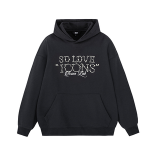 ics丨iconslab连帽纯棉卫衣情侣秋冬花体字母钉珠情侣男女款外套