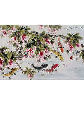 纯手绘锦鲤海棠国画前程似锦
