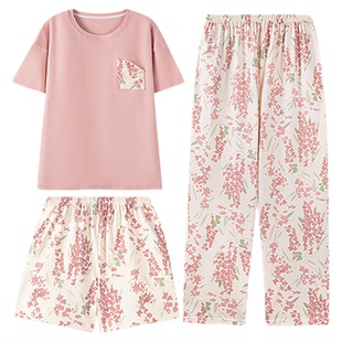 睡衣女款2026新款夏季纯棉带胸垫短袖长裤三件套装浅粉家居服夏天