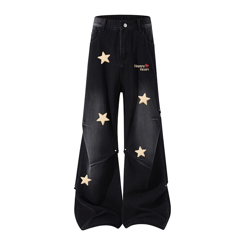 查尔斯桃心美式星星褶皱牛仔裤