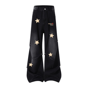 查尔斯桃心 美式星星铆钉褶皱牛仔裤男女款春秋冬季高街直筒长裤