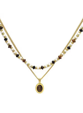 秋冬新款虎眼石串珠项链美拉德