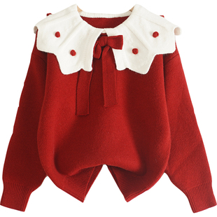 公主风拜年服女童娃娃领红毛衣秋冬新款儿童蝴蝶结针织衫加厚上衣