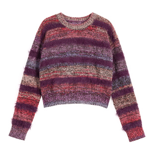 pusumede 设计感拼接仿貂毛软糯毛衣女洋气小众宽松短款针织上衣