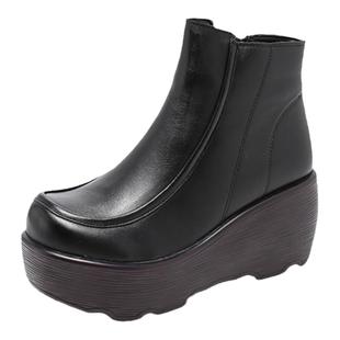 时尚真皮高跟马丁靴2025冬新款头层牛皮加绒短靴女鞋休闲厚底女鞋