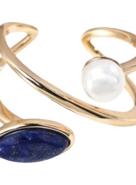 法式复古青金石天然珍珠双层戒指女小众开口指环时尚个性食指戒潮