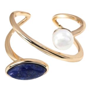 法式复古青金石天然珍珠双层戒指女小众开口指环时尚个性食指戒潮