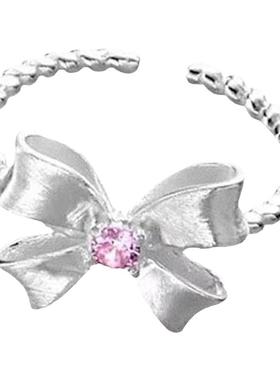 粉钻拉丝蝴蝶结戒指纯银冷淡风女