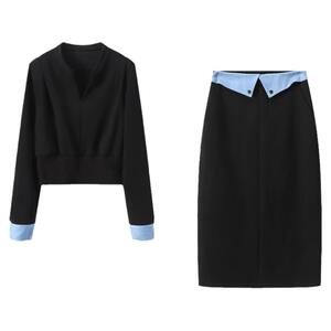 Basic House/百家好气质套装撞色拼接长袖上衣半身长裙两件套秋季
