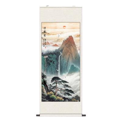 流水生财酒店挂画玄关装饰丝绸礼品送客户画丝绸卷轴风水卷轴挂画