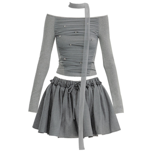 【鞠婧祎同款】易碎商店·夜海星沙千金褶皱飘带上衣短裙秋日套装