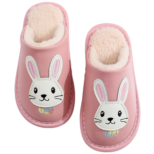 真皮兔子保暖毛绒棉拖鞋冬季男女卡通儿童小孩子大童室内家居防滑