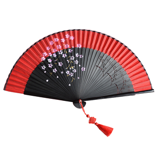 中国风古风红色舞蹈折扇日式扇子复古随身道具走秀汉服旗袍送扇套