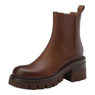 擦色皮厚底烟筒马丁靴女2024新款复古圆头切尔西真皮粗跟高跟短靴