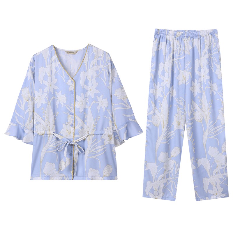 秋鹿仿真丝夏天睡衣女款薄款七分袖九分裤夏季南韩丝家居服女套装