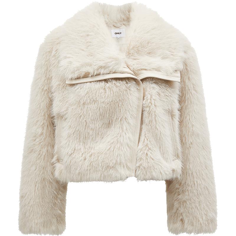 【千金风】ONLY2025冬季新款气质纯色保暖翻领短款环保皮草外套女