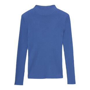 TENGS滕氏女装春季湖蓝色针织衫半高圆领长袖基础衫百搭休闲显瘦