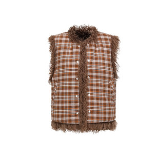 oinimi 毛绒刺绣马甲 趣味星星格子拼接背心外套 双面穿