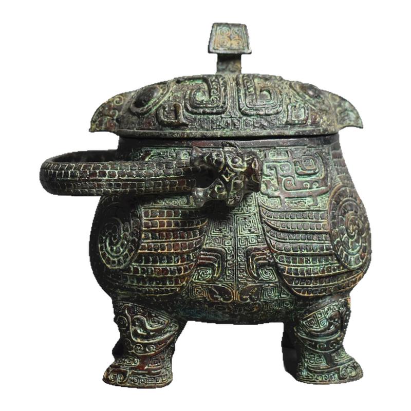 青铜器做旧鴞纹提梁卣纯铜工艺品