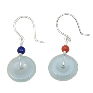 手工999纯银足银南红青金石撞色天然翡翠平安扣玉耳环小耳坠养耳