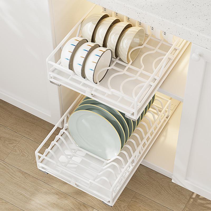 厨房碗碟收纳架橱柜内置拉篮抽屉式抽拉碗架放碗盘沥水滑轨置物架