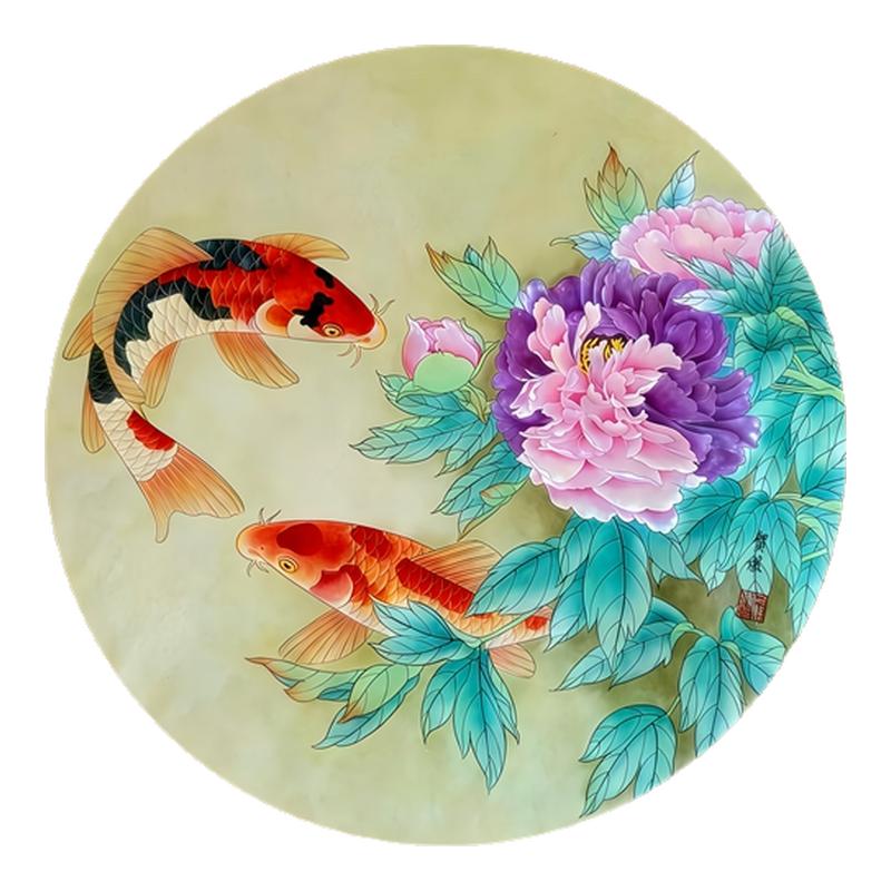 圆形工笔牡丹锦鲤墙贴背胶自粘富贵有余中式淡雅客厅玻璃遮瑕贴画