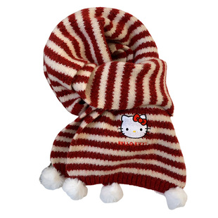 三丽鸥正版HelloKitty卡通可爱红色条纹围巾女冬保暖加厚针织围脖