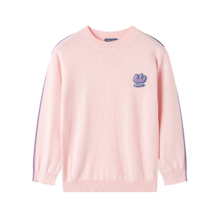 加比瑞女童薄毛衣春秋款中大童圆领套头空调衫粉色纯棉打底毛线衫