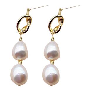 天然巴洛克珍珠欧美简约冷淡风ins风耳钉复古长款打结显瘦耳环