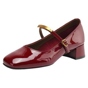达芙妮红色玛丽珍鞋女鞋春季2026新款法式浅口单鞋粗跟不累脚婚鞋
