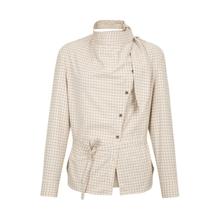 dorydory 复古格纹半高领系带衬衫2026春新款宽松斜门襟上衣女