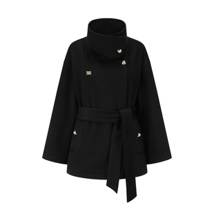 SHRO ENRO2025冬季新款高级慵懒立领腰部绑带廓形大衣女外套