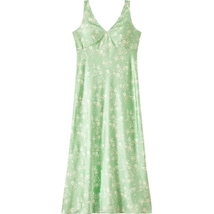 曼妮芬度假风V领无袖缎面碎花睡裙女春夏可外穿家居服