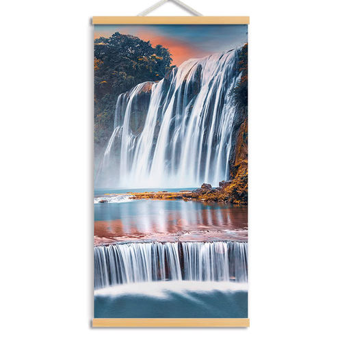瀑布流水风景画客厅背景墙装饰画流水生财现代简约挂画风水挂轴画