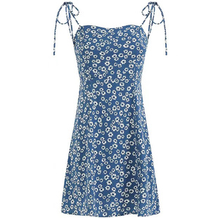 reformation法式蓝色碎花修身吊带连衣裙子女小个子设计感a字短裙
