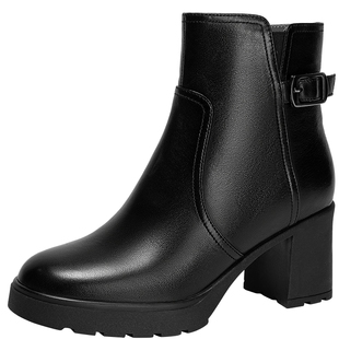 千百度厚底时装靴女2025冬季新款粗高跟羊皮靴加绒增高保暖短靴子