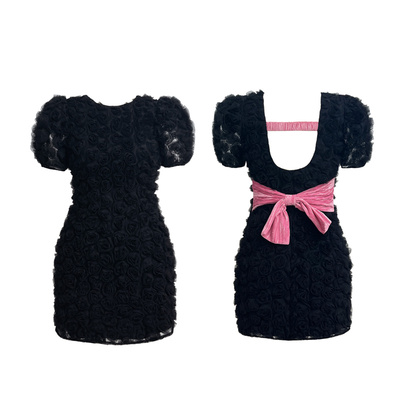 MOOD X MIURA2R秋新款立体玫瑰后背粉色丝绒蝴蝶结装饰连衣裙