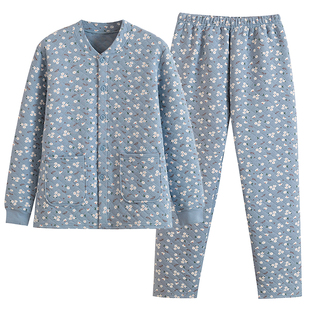 女三层夹棉保暖套装开衫带兜高腰妈妈保暖内衣裤中老年打底家居服